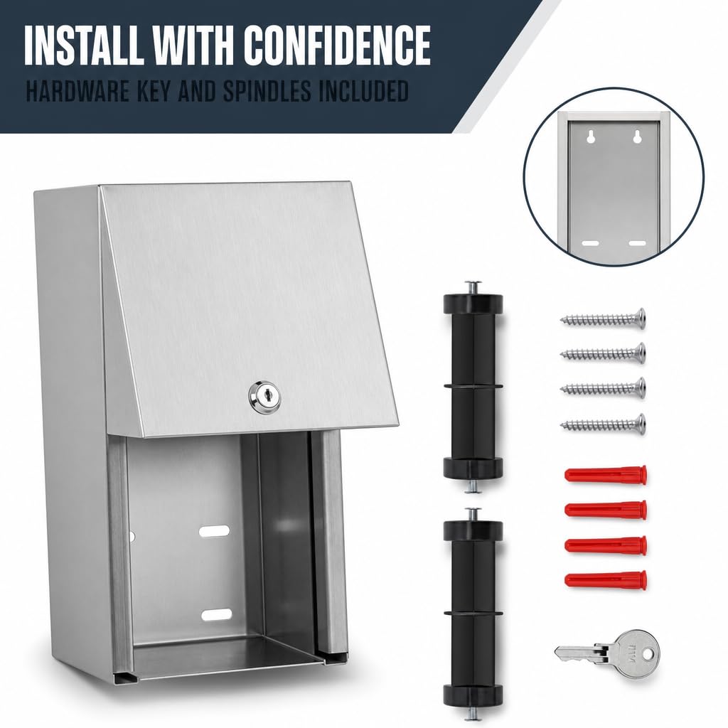 Stylever Commercial Toilet Paper Dispenser - 304 Stainless Steel Double Roll Holder - Heavy Duty Lockable Wall Mount Tissue Dispenser for Restroom - Metal Bathroom Fixtures