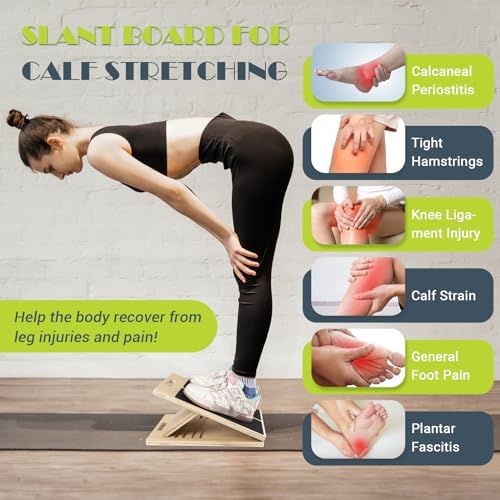 Slant Board for Calf Stretching, Adjustable Portable Wooden Incline Board for Calf Stretcher with Training Poster, 300 Lbs Weight Capacity Calf Stretch Wedge for Exercise, Squat & Physical Therapy