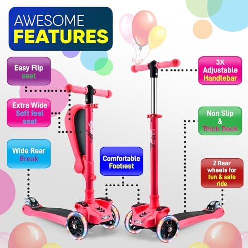 Hurtle 3-Wheeled Scooter for Kids - Wheel LED Lights, Adjustable Lean-to-Steer Handlebar, and Foldable Seat - Sit or Stand Ride with Brake for Boys and Girls Ages 1-14 Years Old
