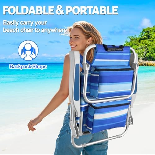 Beach Chairs for Adults with 5 Positions, Folding Backpack Beach Chair with Cooler & Storage Pouch, Portable Camping Chair with Cup Holder, Towel Bar, Lay Flat Camp Chair Support to 350LBS