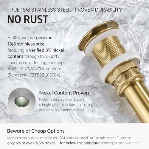 KES Sink Drain Without Overflow Bathroom Pop Up Drain Assembly Stopper Vessel Sink Brushed Gold for 1.6"-1.9" Sink Hole, All Metal Rustproof Brass and 304 Stainless Steel, S2008D-BZ