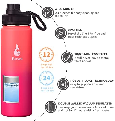 Farsea Insulated Water Bottle With Paracord Handle, Protective Silicone Boot and 2 Lids (Straw Lid & Spout Lid), Stainless Steel Water Bottle Wide Mouth, Double Wall Sweat-Proof BPA-Free, 24 oz