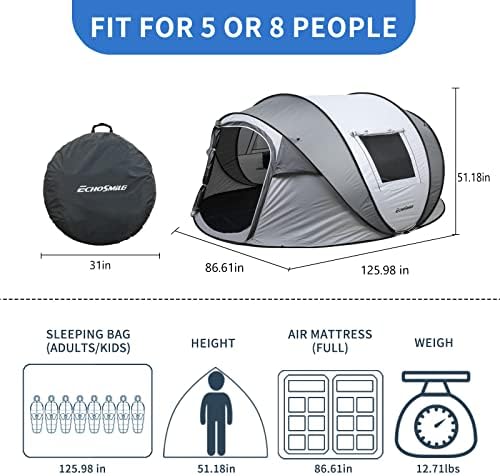 EchoSmile Camping Instant Pop Up Tent, 2/4/6/8/10 Person, Water Resistant Dome, Easy Setup for Camping Hiking and Outdoor, Portable with Carry Bag, 3 Season