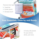 5-Position Aluminum Lay Flat Backpack Beach Chair, Compact Portable Low Beach Chairs for Adults with Cooler Pouch, Storage Pouch, Towel Bar, Cup Holder & Phone Holder, Multicolor Stripe