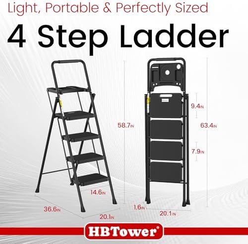 HBTower Step Ladder, Folding Step Stool with Wide Anti-Slip Pedal, Sturdy Steel Ladder, Convenient Handrail, Lightweight, Portable Steel Step Stool