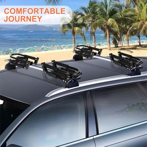 Folding Kayak Roof Rack 2 Pairs, 4pcs J-Bar Car Roof Racks for Kayak, Canoe, Paddle Boards, Skiboard, Surfboard, Foldable Kayak Roof Carrier for Car, SUV, Truck, Black (Folding Kayak Rack)