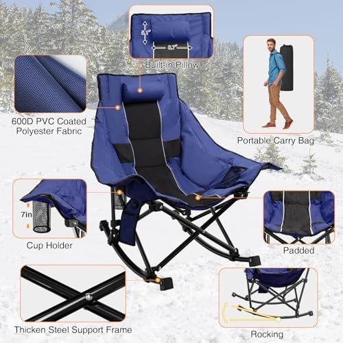 Slendor Oversized Rocking Camping Chair, XL Heated Camping Chair w/ 3 Levels Heat for Back+Seat, Padded Rocking Lawn Chair with 20000 mAh Power Bank, Pillow, Side Pocket, Carry Bag, Navy Blue