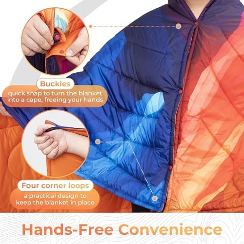 KingCamp Ultralight Camping Blanket, Packable Down Alternative Puffy Printed Wearable Blanket with Snap Buttons & Corner Loops Weatherproof Quilt for Outdoor Travel Stadium (79"L x 57"W, PEAK)