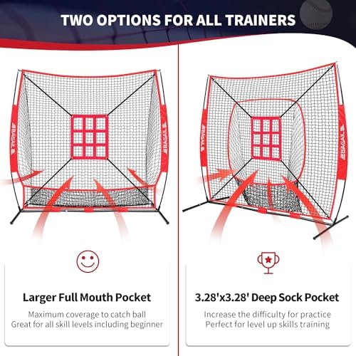 BAGAIL 7x7 ft Baseball & Softball Practice Net with Bow Frame for Batting, Hitting, Pitching, Portable Baseball Throwing Net with 2 Strike Zone Batting Tee, Carry Bag, Great for All Levels