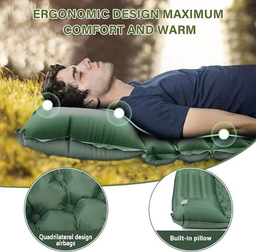 Double Sleeping Pad for Camping, Ultralight Camping Mattress with Pillow, Built-in Foot Pump, Thick Self-Inflatable 2-Person Portable Mat for Backpacking Hiking Car Traveling Beach Tent