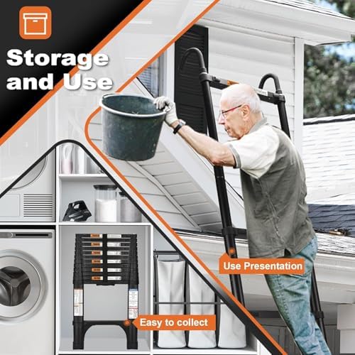 Telescoping Ladder, SocTone 12.5 FT Aluminum Lightweight Extension Ladder with 2 Triangle Stabilizers, Heavy Duty 330lbs Max Capacity, Collapsible Ladder with Hooks for RV or Outdoor Work