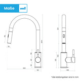 Bächlein Kitchen tap 360° rotatable (matt black) – single-hand basin tap made of stainless steel with pull-out hose and spray head with switch knob, tap for the kitchen