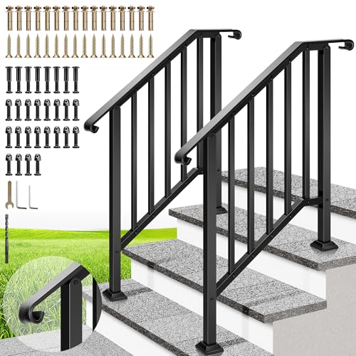 VIVOHOME 2-Pack Wrought Iron Hand Rails for Outdoor Steps – 27.1" Curved Ends and Safety Balusters Exterior Railing Kit for Porch, Deck, or Indoor Stairs (3-Step, Black)