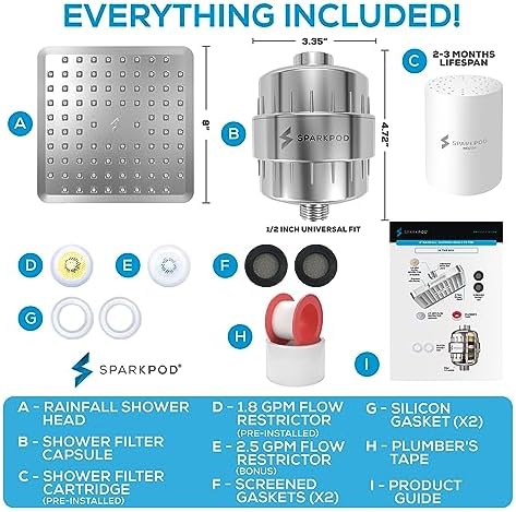 SparkPod Luxury Filtered Shower Head Set 23 Stage Shower Filter - Reduces Chlorine and Heavy Metals - High Pressure Showerhead Filter (8" Square, Luxury Polished Chrome)