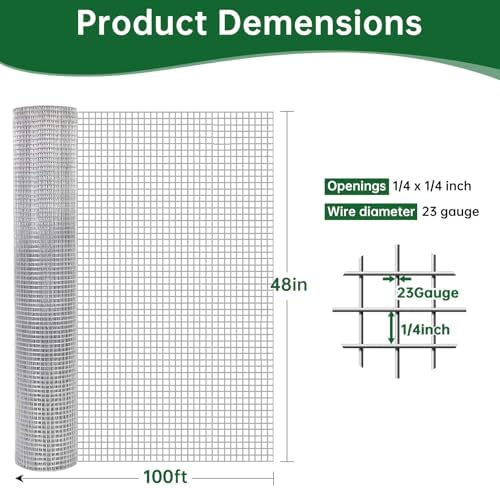AMAGABELI GARDEN & HOME Hardware Cloth 1/4 Inch 48in x 100ft 23gauge Galvanized After Welding Fence Mesh Roll Plant Supports Poultry Netting Chicken Wire Snake Fence Gopher Racoons Gutter Guard JW004