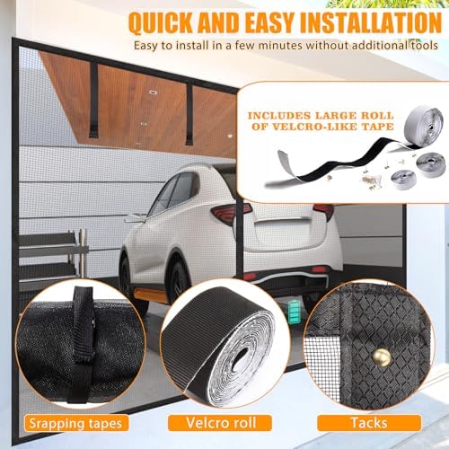 Garage Screen Doors for 1 car garage-10x7FT Fiberglass Durable Heavy Duty Magnetic Garage Door Screen Retractable Hands Free with 4 Roll Up Straps for Patio Workshop Home Gym Sun Room