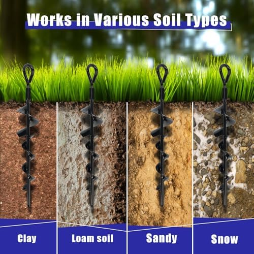Eazy2hD 6 Pack Tent Stakes Heavy Duty, 15 Inch Ground Anchors Screw in, Metal High Winds Trampoline Stake with Nut and Tool, Spiral Anchor Kit for Camping, Swing Set, Mobile Home, Car Ports
