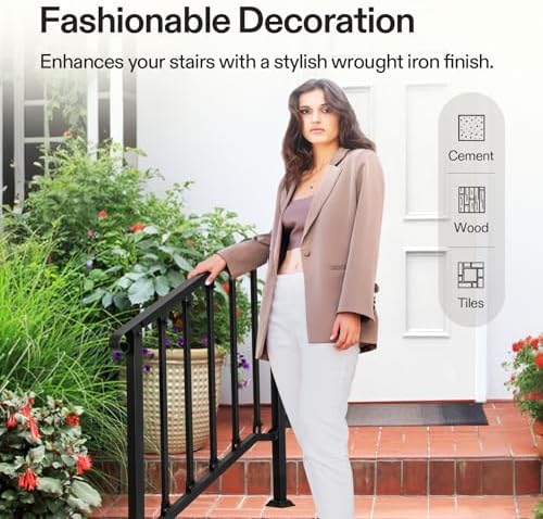 VIVOSUN Outdoor Handrail, 3 Step Stair Handrail, 40" x 36" Fits 1 to 3 Steps, Wrought Mattle Iron Stair Railing with Curved End and Balusters for Concrete Step, Porch Steps, One-Step Assembly, Black