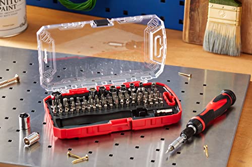 Amazon Basics Magnetic Ratcheting Wrench and Electronics Precision Screwdriver Tool Set, 73-Piece, with Carry Case for Household Repair, Small Jobs, Eyeglasses, Black/Red/Silver
