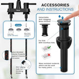 Black Bathroom Faucet 3 Hole, Bathroom Faucets for Sink 3 Hole, Bathroom Sink Faucet, 4 Inch 2 Handle Centerset, Lead-Free, with Copper Pop Up Drain (Matte Black)