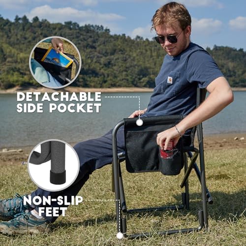 TIMBER RIDGE Aluminum Oversized Camping Chair, Lightweight Portable Directors Chair with Side Table Detachable Side Pocket for Outdoor Camping, Lawn, Picnic, Support 400lbs Black