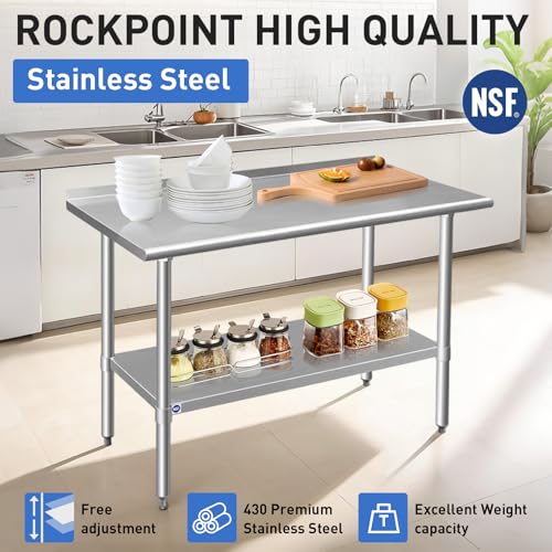 ROCKPOINT Stainless Steel Table for Prep & Work with Backsplash 24x24 Inches, NSF Metal Commercial Kitchen Heavy Duty Table with Adjustable Under Shelf and Table Foot for Restaurant, Home and Hotel