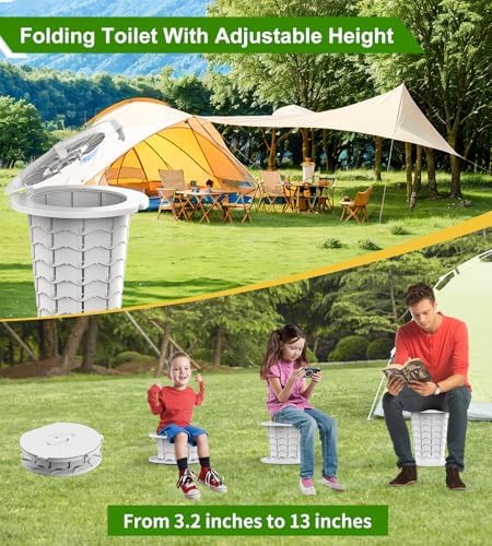 Portable Toilet for Camping Car, Foldable Camping Toilet for Adults and Kids, Adjustable Height Travel Potty, 13.5 IN Retractable Bucket Emergency Toilets, Travel Toilet, Collapsible Toilet with Bags