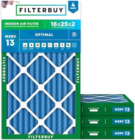 Filterbuy 16x25x2 Air Filter MERV 13 Optimal Defense (4-Pack), Pleated HVAC AC Furnace Air Filters Replacement (Actual Size: 15.50 x 24.50 x 1.75 Inches)