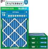 Filterbuy 16x25x2 Air Filter MERV 13 Optimal Defense (4-Pack), Pleated HVAC AC Furnace Air Filters Replacement (Actual Size: 15.50 x 24.50 x 1.75 Inches)