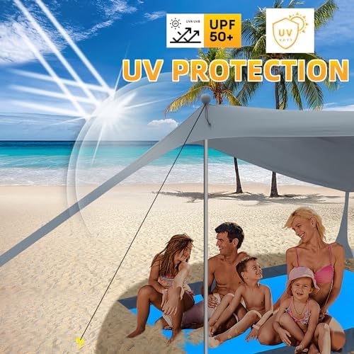 BOTINDO Family Beach Tent Canopy Sun Shade, Pop Up Grande Beach Tent Sun Shelter Stability 4 Poles with Portable Carry Bag Outdoor Shade for Fishing Backyard Camping