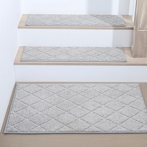 COSY HOMEER Edging Stair Treads Non-Slip Corner Indoor Stair Runners for Wooden Steps,Landing Slip Resistant Stair Rugs for Kids and Dogs, 100% Polyester TPE Backing,Grey,20"X32"