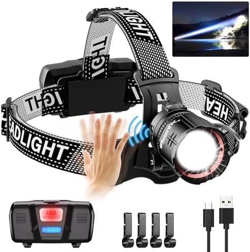 High Lumens LED Headlamp& 100H Using Time, USB Rechargeable Head lamp, 90° Adjustable Widebeam Motion Sensor Head Light with 5 Modes,Zoomable for Camping Running Hiking, Hard Hat Headlamps 1pc