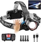 High Lumens LED Headlamp& 100H Using Time, USB Rechargeable Head lamp, 90° Adjustable Widebeam Motion Sensor Head Light with 5 Modes,Zoomable for Camping Running Hiking, Hard Hat Headlamps 1pc
