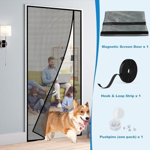 Side Opening Magnetic Screen Door, Fit Door Size 32 x 80 Inch, Reversible Left and Right Removable Screen Door Mesh with Strong Magnet, Actual Mesh Size 34" x 81", Grey