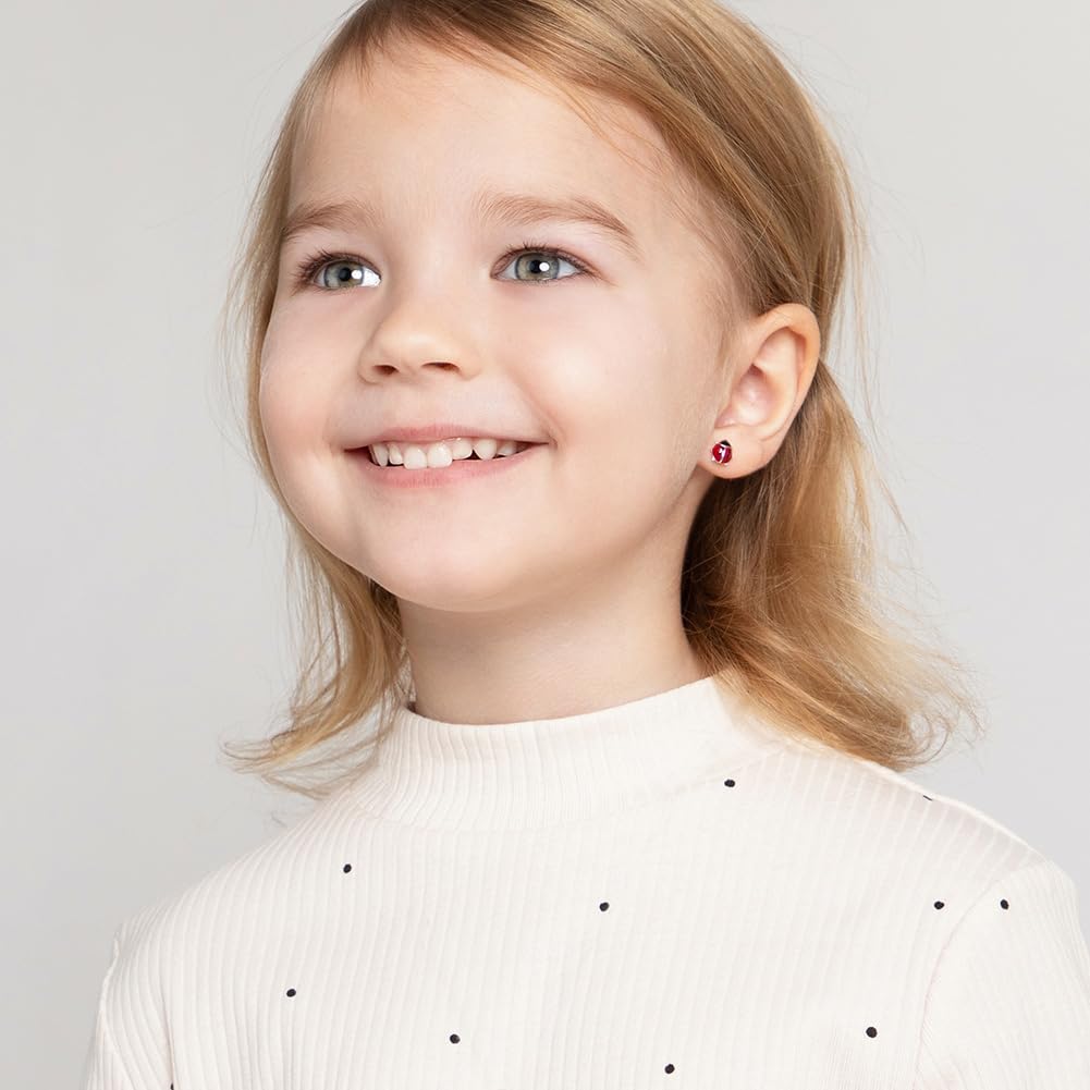 925 Sterling Silver Kids Red Ladybug Stud Earrings with Hypoallergenic Safety Screw Back for Young Girls & Toddlers - Animal Lover earrings Gift for Toddlers to Pre-Teens