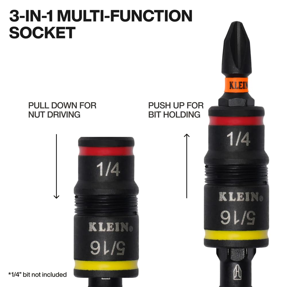Klein Tools 32933 Klein Tools 32933 Impact Driver, SAE 7-in-1 Impact Rated Socket Set, 3 Flip Sockets with 6 Hex Driver Sizes and 1/4-Inch Bit Holder, 5-Inch Shaft
