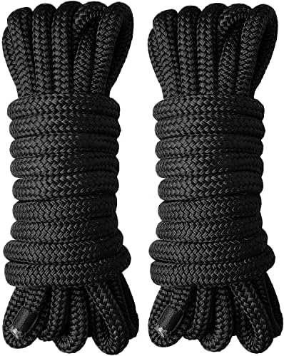 Boat Dock Lines - 5/8" x 20' Double Braided Nylon Dock Rope, Marine-Grade with 15" Loop - Black, 2 Pack