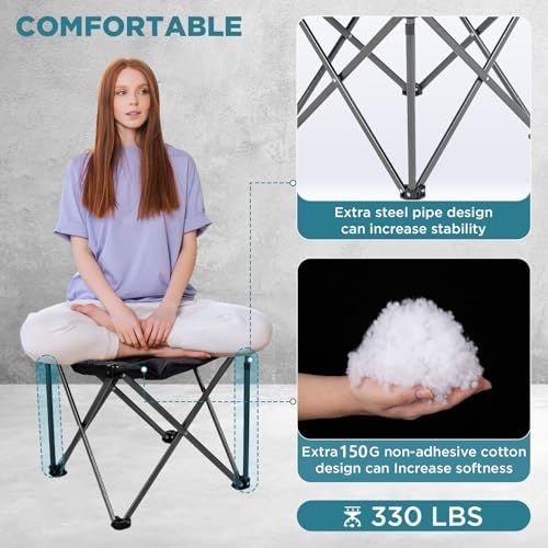 FUNDANGO Folding Camping Stool, 2 Pack 18.1 Inch Oversized Foot Stools 330 Lbs Heavy Duty Portable Padded Seat Anti-Slip Foots & Carry Bag for Fishing Outdoor Lawn Travel (Black)