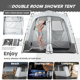 Camping Shower Tent Deluxe Changing Room Easy Set Up Privacy Shelter,Large Toilet Tent 2 Rooms with Floor Drain Design for Beach, Camping,Hiking with Stakes and Ropes for Stability