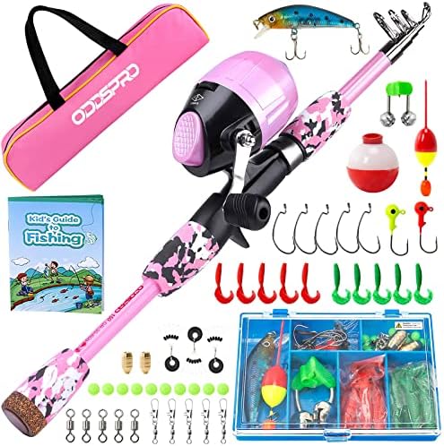 ODDSPRO Kids Fishing Pole Pink, Portable Telescopic Fishing Rod and Reel Combo Kit - with Spincast Fishing Reel Tackle Box for Girls, Youth