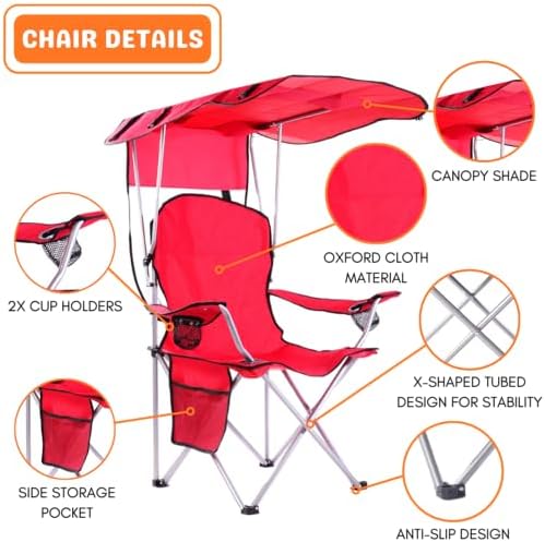 CozyBox Portable Folding Camping Chairs with Canopy Shade, Beach Chair for Adults, Durable Weather Resistant 600D Oxford Cloth, Camping Chair with Canopy for Outdoors [Red]