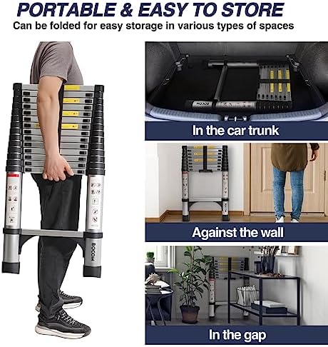 BOCOM 14.5 FT Aluminum Telescoping Ladder, Lightweight Multi-Purpose Collapsible Extension with 2 Triangle Stabilizers, Heavy Duty 330 lbs Max Capacity, Ideal for Home, RV, and Outdoor Work Silver