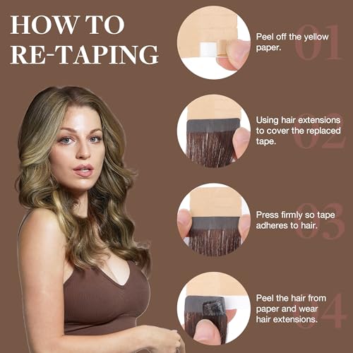GOO GOO Tape in Hair Extensions Human Hair, 3/8/613 Balayage Walnut Brown to Ash Brown and Bleach Blonde, 18inch 50g 20pcs, Thick Ends Straight Seamless, Invisible Tape in Hair Extensions Human Hair