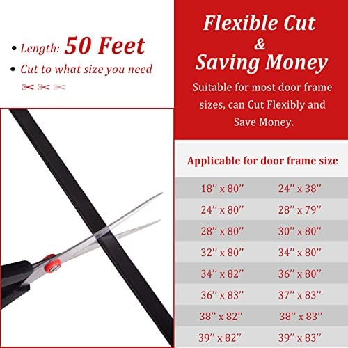 50 Feet D-Shape Rubber Weather Stripping Door Seal Strip, Fingwerk Self-Adhesive Backing Door Weatherstripping for Door Frame Insulation Large Gap, Easy Cut to Size with Tailor Scissors(Black)