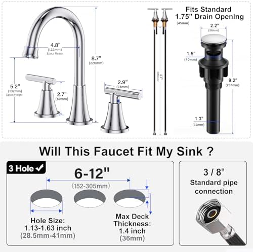 Bathroom Faucets for Sink 3 Hole, Hurran Chrome Bathroom Sink Faucet with Pop-up Drain and Supply Lines, Stainless Steel Lead-Free Widespread Faucet for Vanity RV Farmhouse Sink