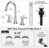 Bathroom Faucets for Sink 3 Hole, Hurran Chrome Bathroom Sink Faucet with Pop-up Drain and Supply Lines, Stainless Steel Lead-Free Widespread Faucet for Vanity RV Farmhouse Sink