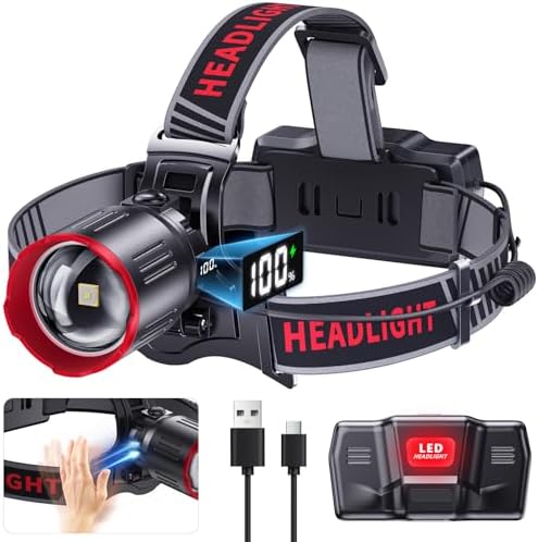 TDT 2000 LUMENS LED Rechargeable Head Lamps, Zoomable Headlamp with 6 Modes & IPX7 Waterproof, 120° Adjustable Head Lights for Forehead for Outdoor, Camping, Hard Hat, Running, Hunting