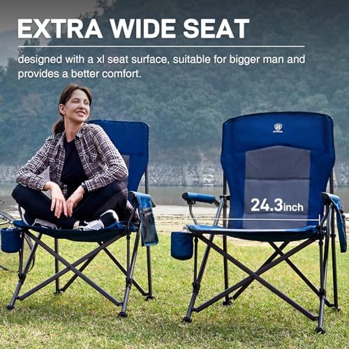 EVER ADVANCED Oversized Folding Camping Chair for Adults, Heavy Duty Lawn Chair with Side Pockets, Portable Collapsible Quad Chair for Outside, Support Up to 500lbs