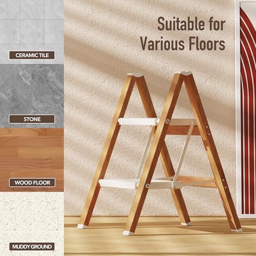 2 Step Lightweight Aluminum Folding Ladder, Portable Step Stool with Anti-Slip Pedals, 330 lbs Capacity for Home, Office, Kitchen（White&Woodgrain）