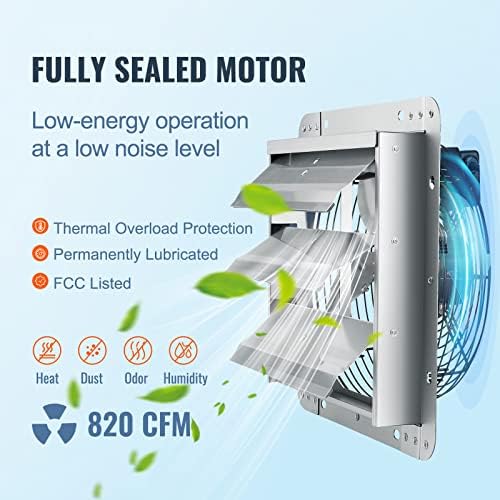 VEVOR 10'' Shutter Exhaust Fan, High-speed 820 CFM, Aluminum Wall Mount Attic Fan with AC-motor, Ventilation and Cooling for Greenhouses, Garages, Sheds, Shops, FCC (No Power Plug Included)